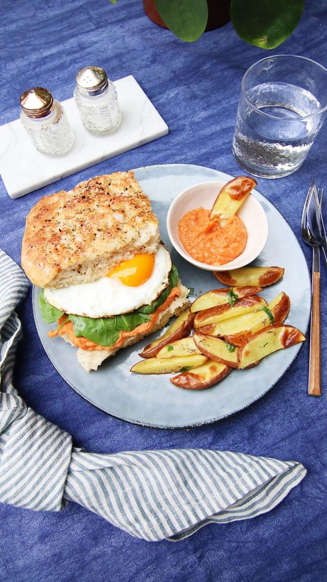 Focaccia Sandwich with Fried Eggs, Bean Hummus and Potato Wedges
