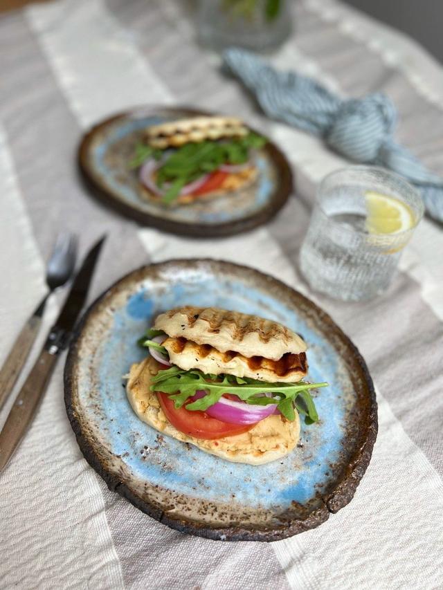 Grilled Halloumi Sandwich with Hummus and Greens