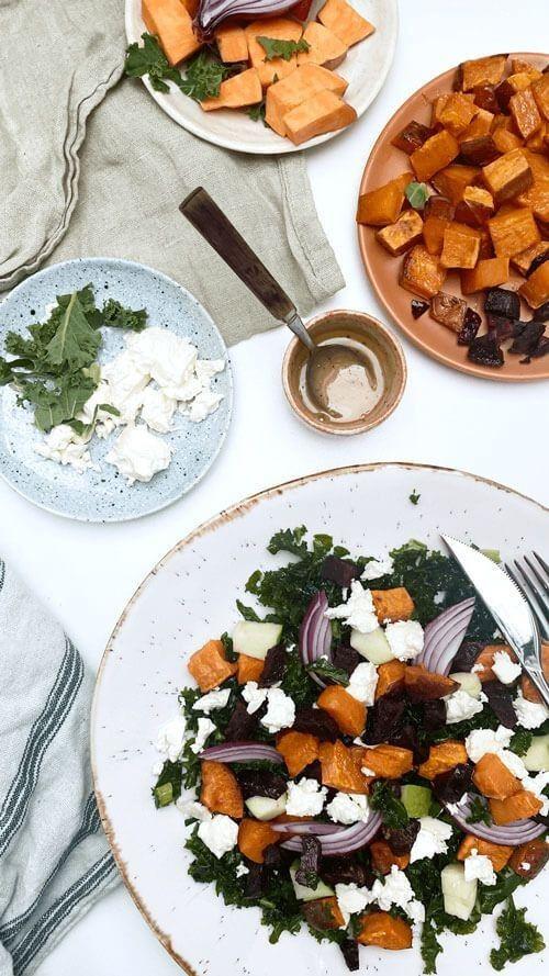 Kale Salad with Roast Sweet Potato, Beetroot and Feta Cheese