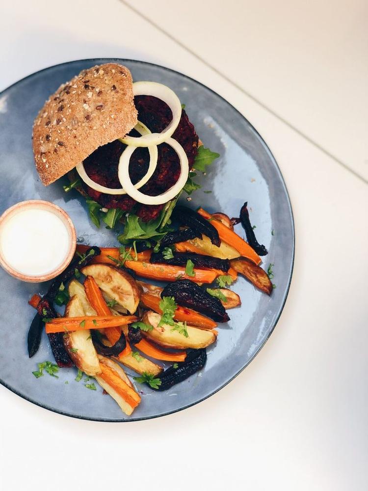 Lentil and Beetroot Burgers with Root Vegetable Fries