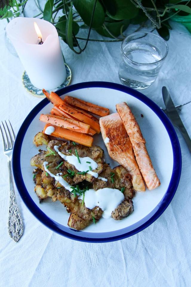 Salmon with Smash Potatoes and Honey-glazed Carrots