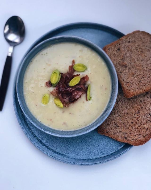 Leek and Potato Soup with Crispy Cured Ham