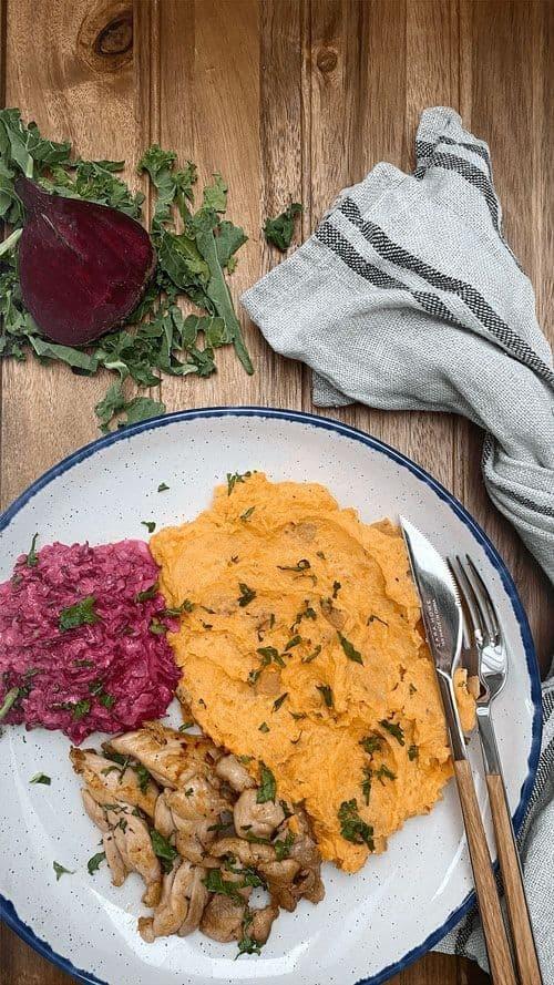 Chicken with Mashed Sweet Potatoes and Beetroot Salad
