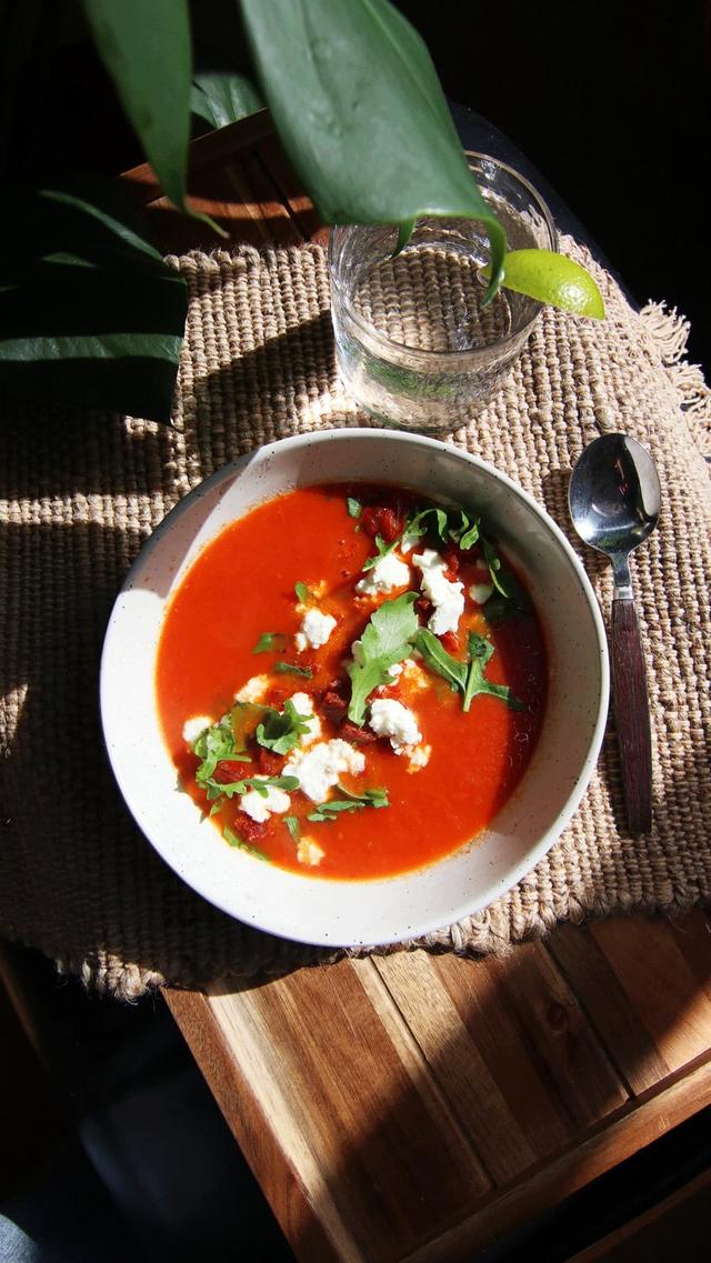 Tomato and Red Pepper Soup with Chorizo and Feta Cheese