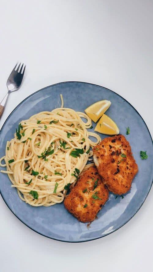 Spaghetti Alfredo with Breaded Fish