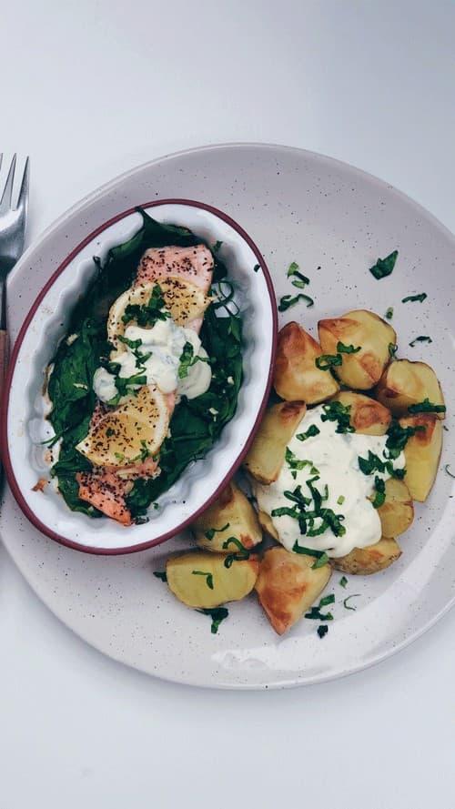 Salmon with Roast Potatoes and Creme Fraiche