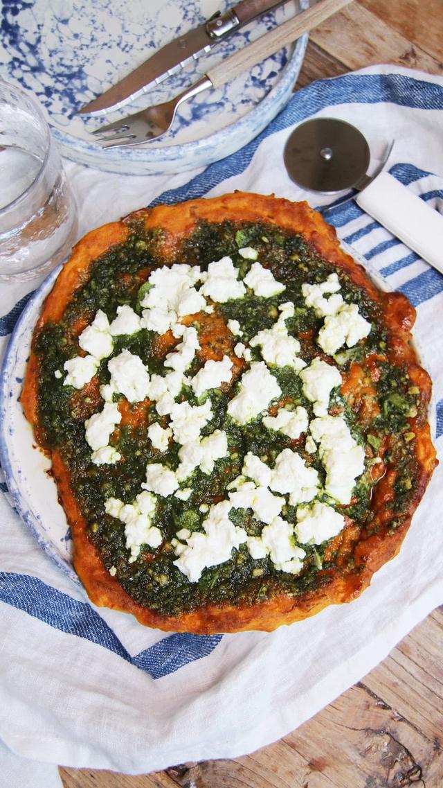 Sweet Potato Pizza with Kale Pesto and Ricotta