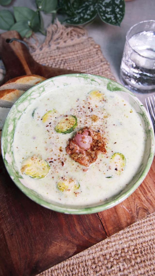 Potato Soup with Brussels Sprouts and Crispy Ribs
