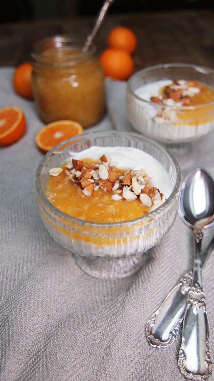 Rice Cream with Almonds and Clementine Jam