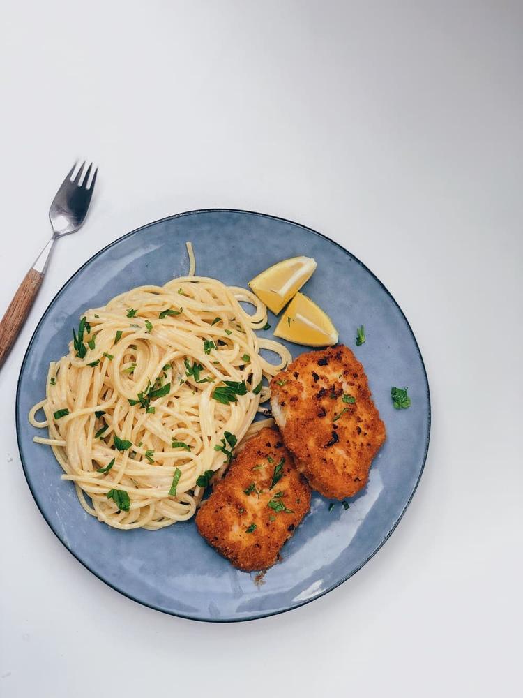 Spaghetti Alfredo with Breaded Fish