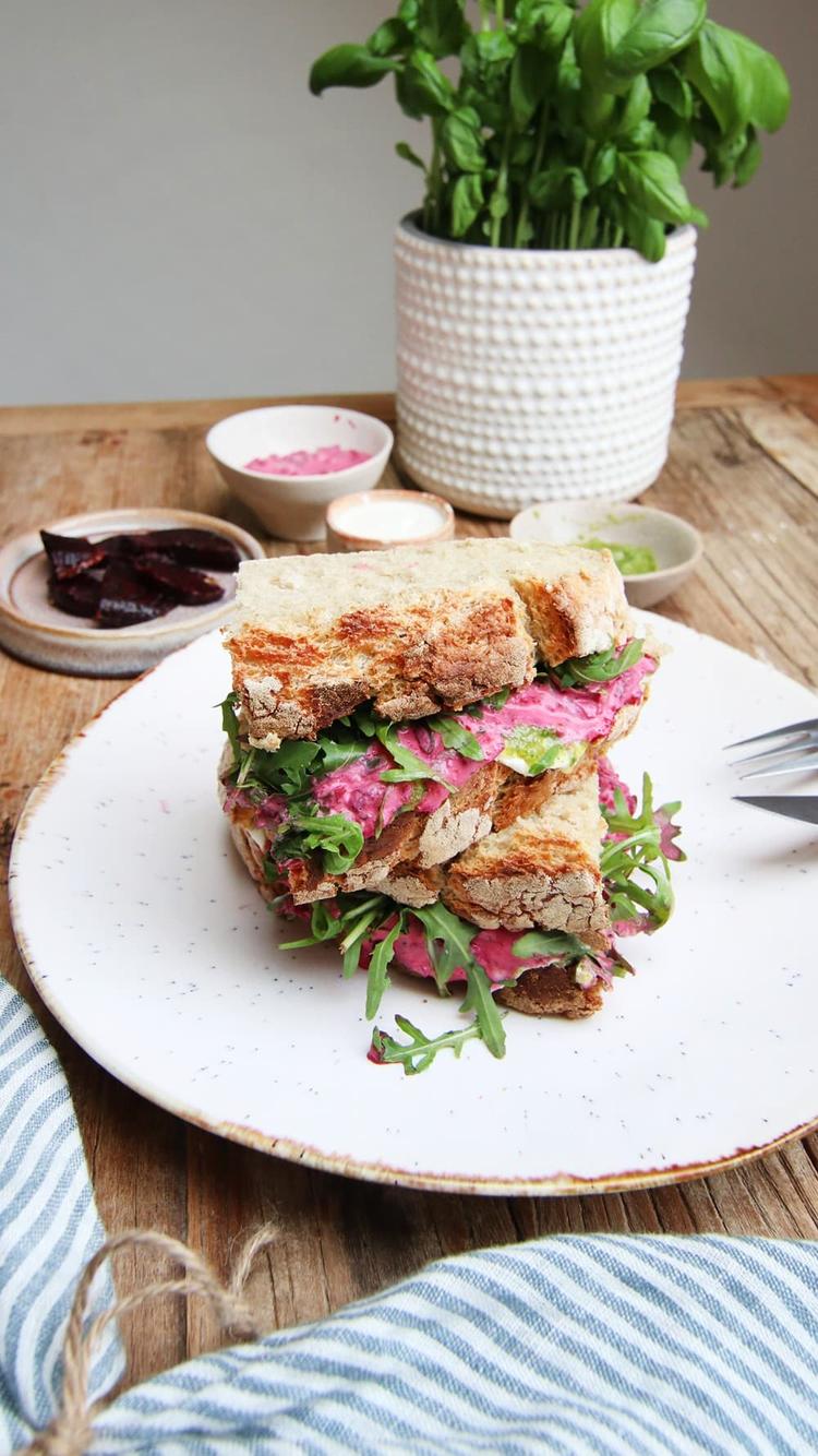 Ricotta, Pesto and Creamy Beetroot Salad Sandwich