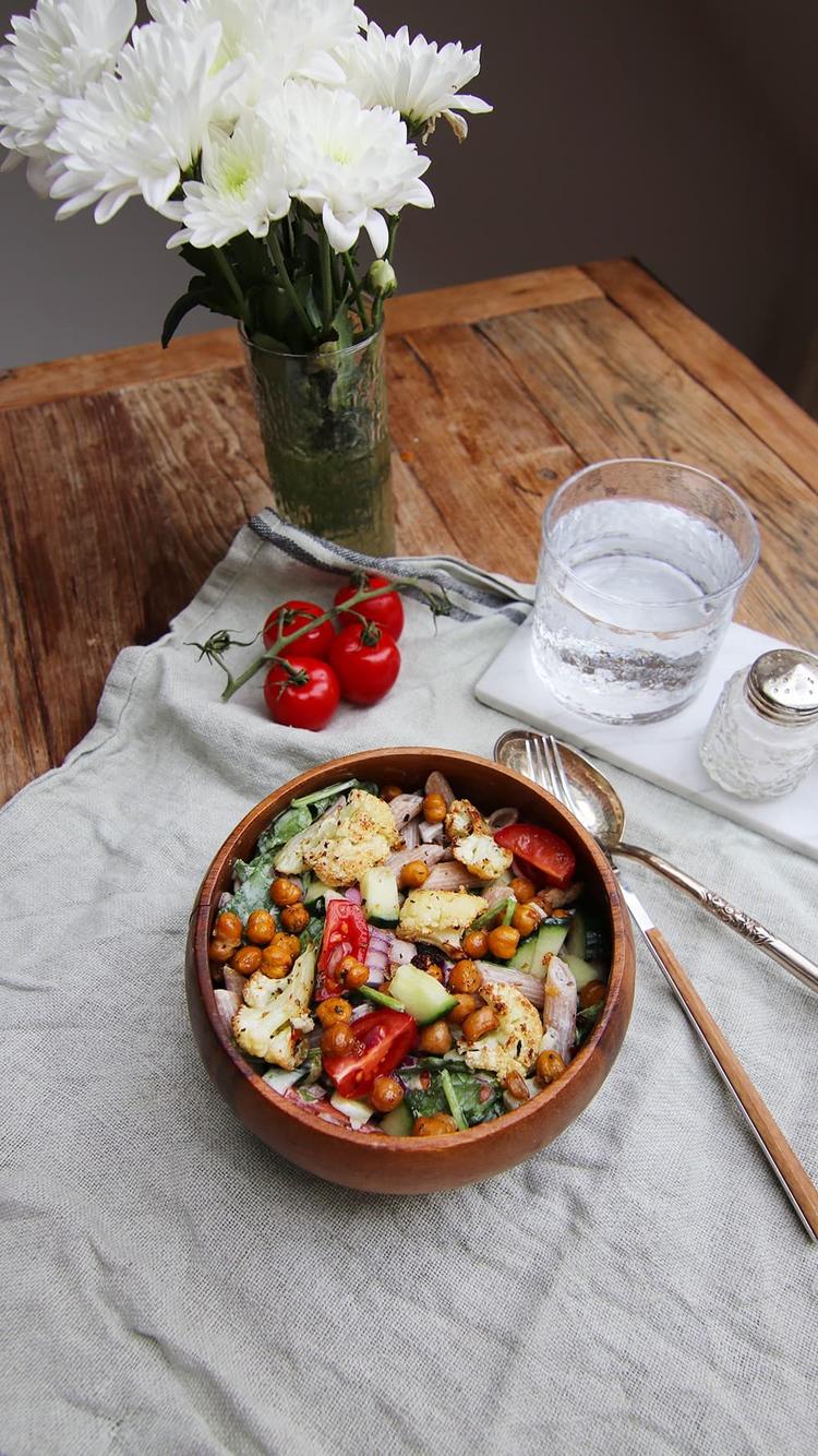 Pasta Salad with Baked Chickpeas and Cauliflower