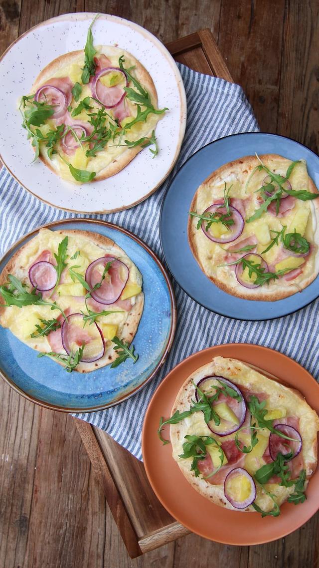 White Tortilla Pizzas with Pineapple and Ham