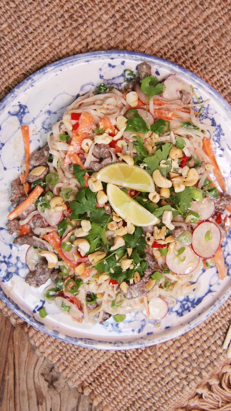 Beef Salad with Noodles and Cashew Nut Dressing