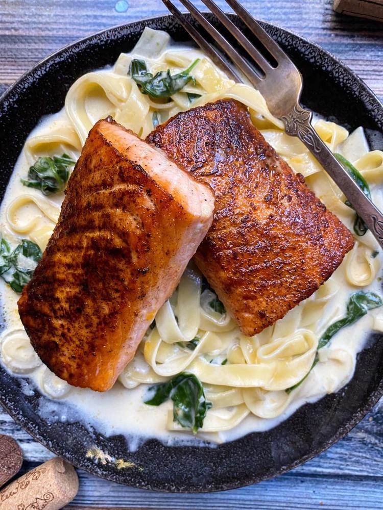 Crispy Salmon with Creamy Pasta