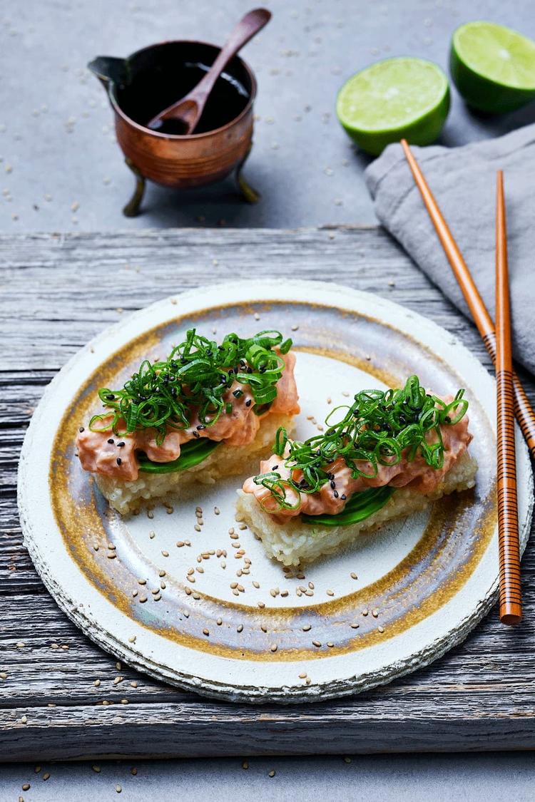 Crispy Rice with Salmon, Chili Mayo and Avocado