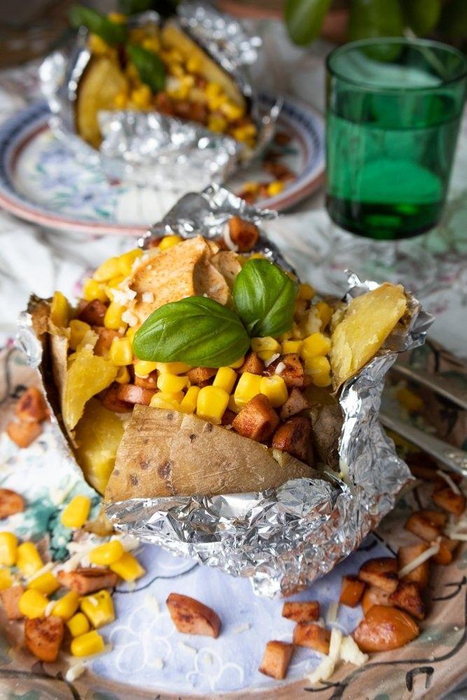 Baked Potato with Crispy Bits of Sausage and Homemade Herb Butter