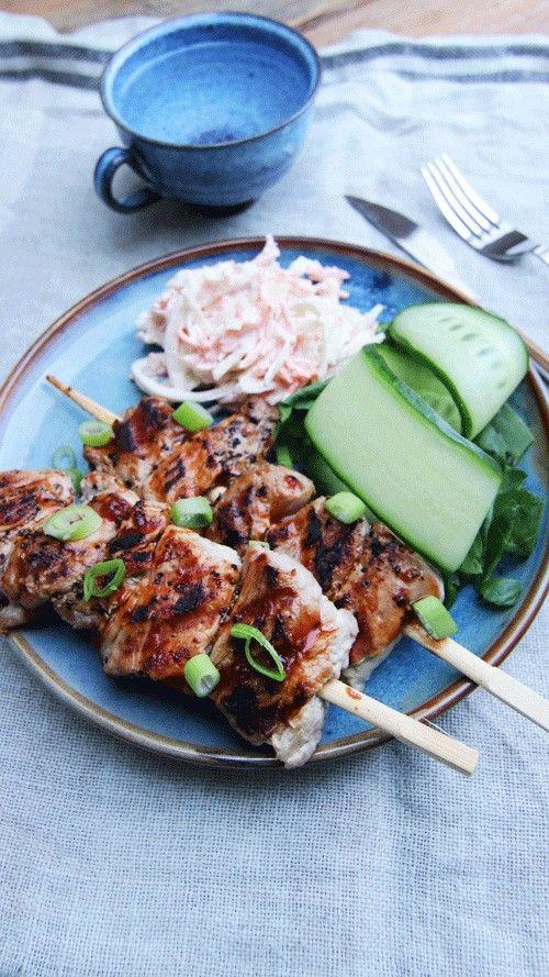 Barbecue Skewers with Homemade Coleslaw and Cucumber Salad