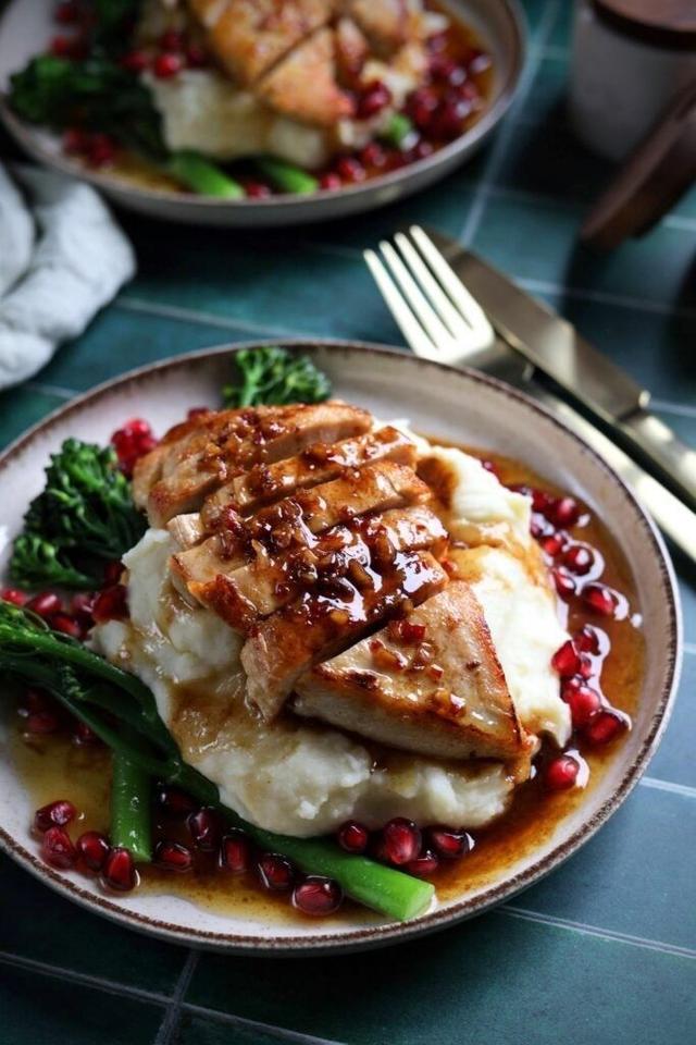 Chicken and mashed potatoes with broccolini and soy and lime butter