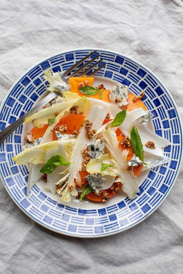 Endive Salad with Persimmon, Blue Cheese and Caramelised Buckwheat 