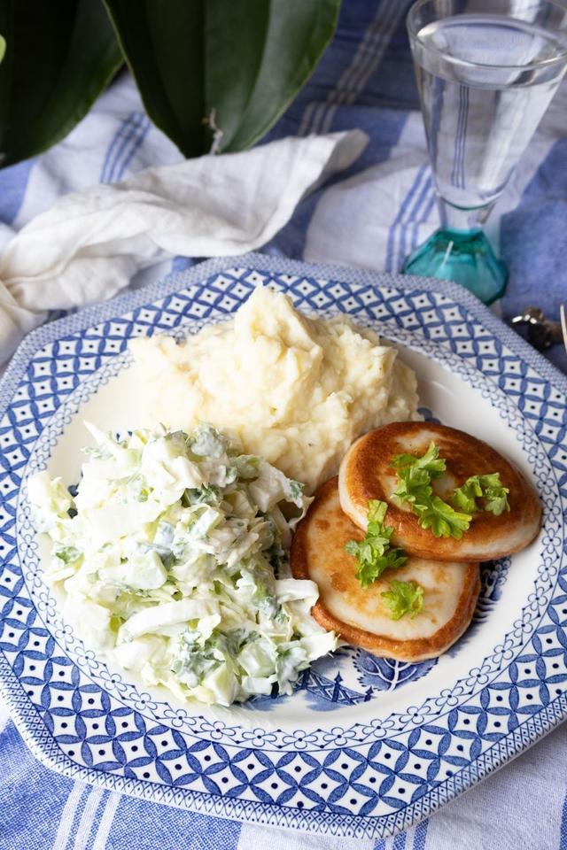 Fish Cakes with Mashed Potato and Green Salad