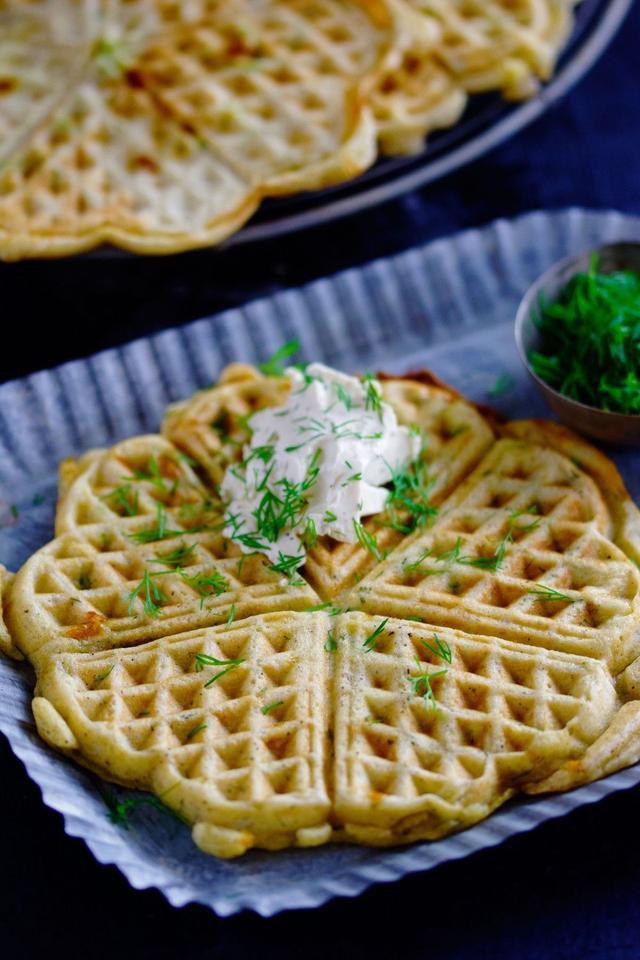 Gluten-free Savoury Waffles with Cheddar Cheese, Dill and Spring Onion