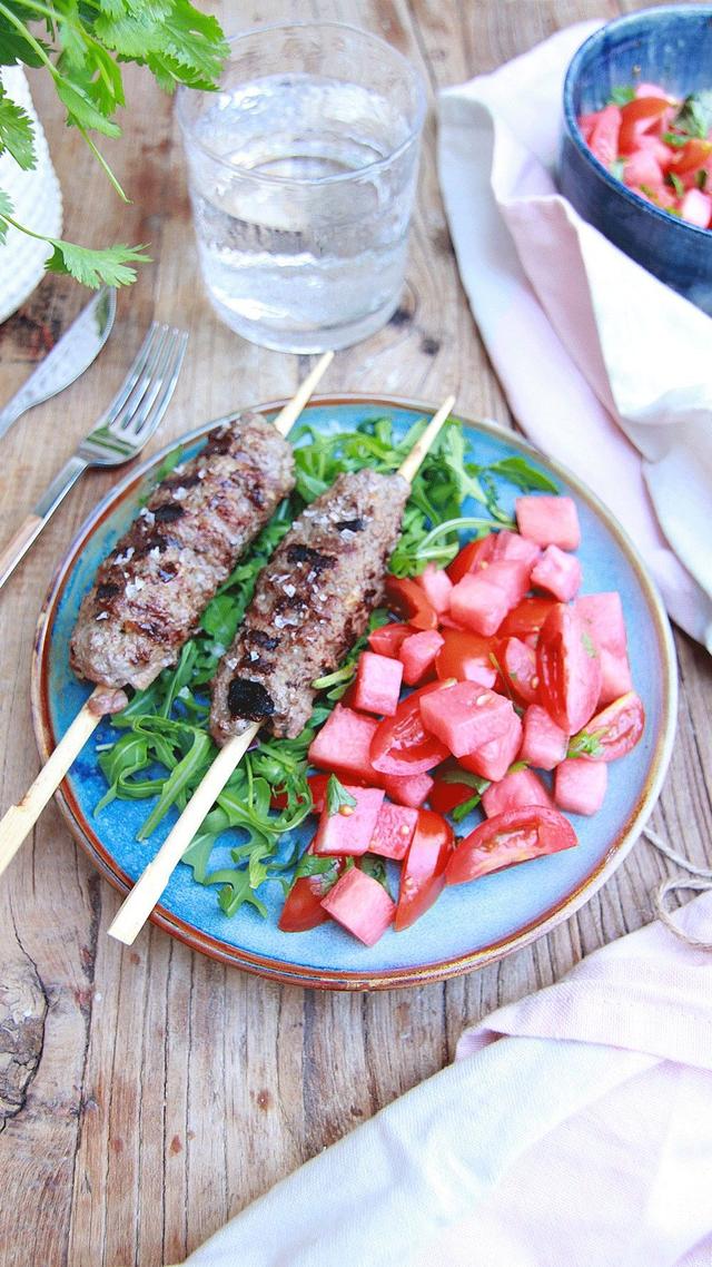 Grilled Meat Skewers with Watermelon Salad
