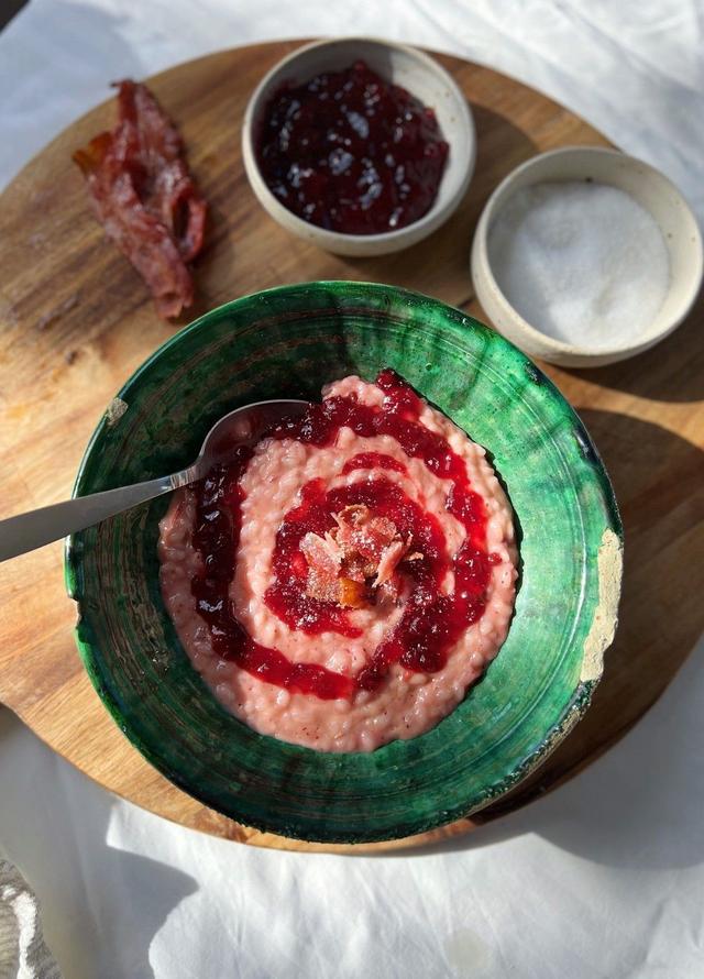 Norwegian Rice Porridge with Bacon and Lingonberry Sauce