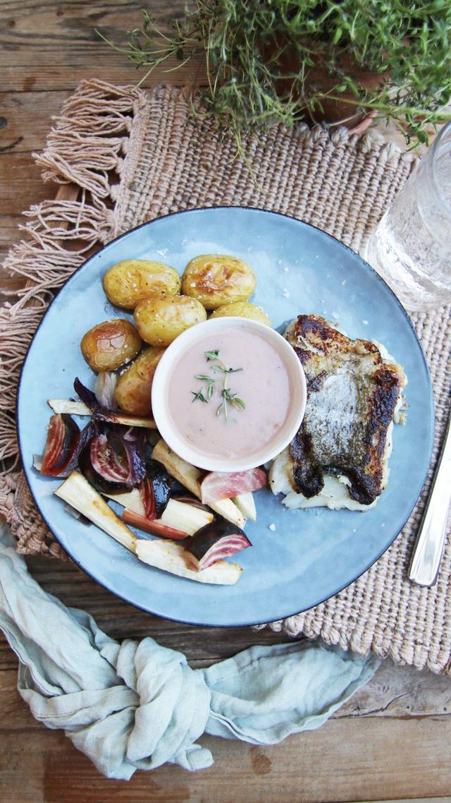 Pan-Fried Cod with Plum Sauce and Root Vegetables