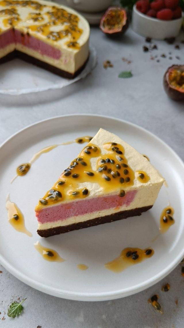 Raw Mango Passion Fruit Cake with a Raspberry Core