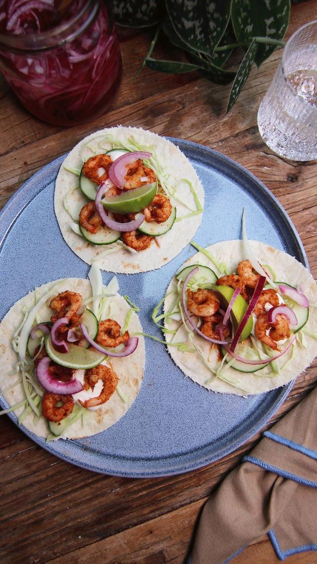 Shrimp Tacos with Pickled Red Onion