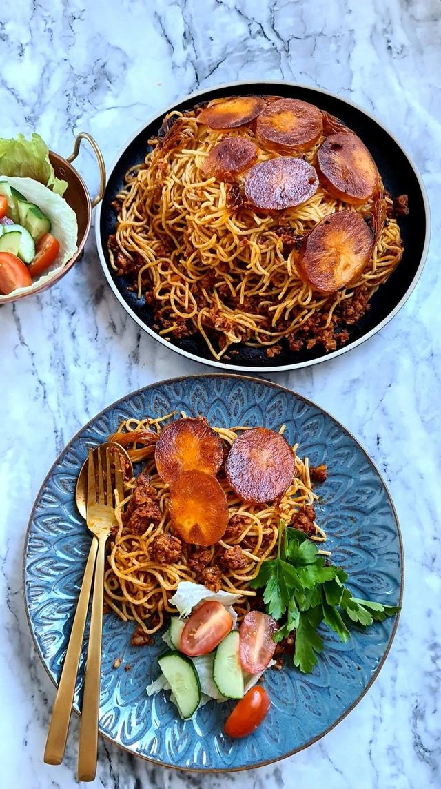 Spaghetti with Soy Meat and Crispy Potato