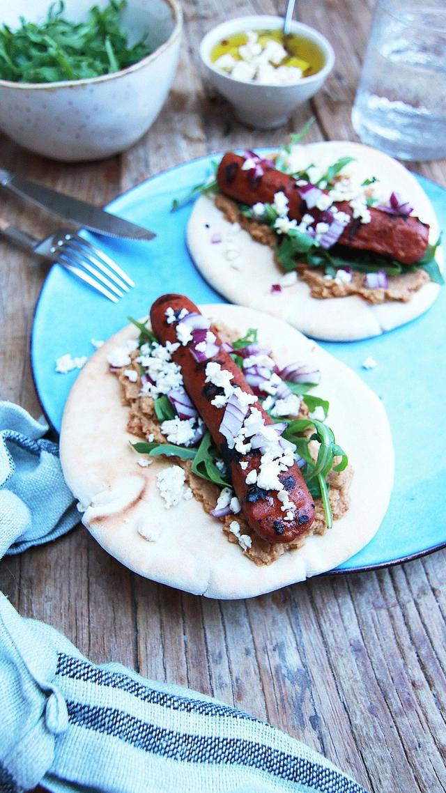 Vegan Sausages in Pitas with Hummus and Feta Cheese