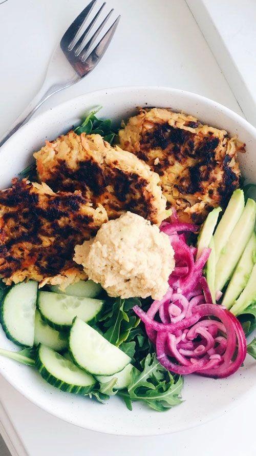 Veggie Fritters with Salad and Hummus