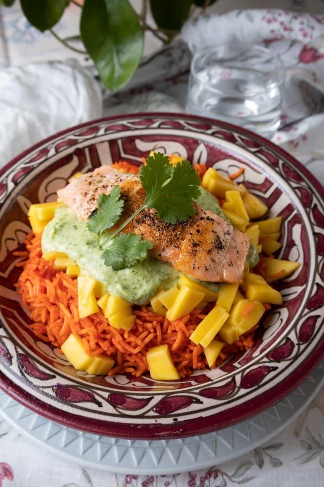 Salmon with Avocado Cream, Mango and Red Rice