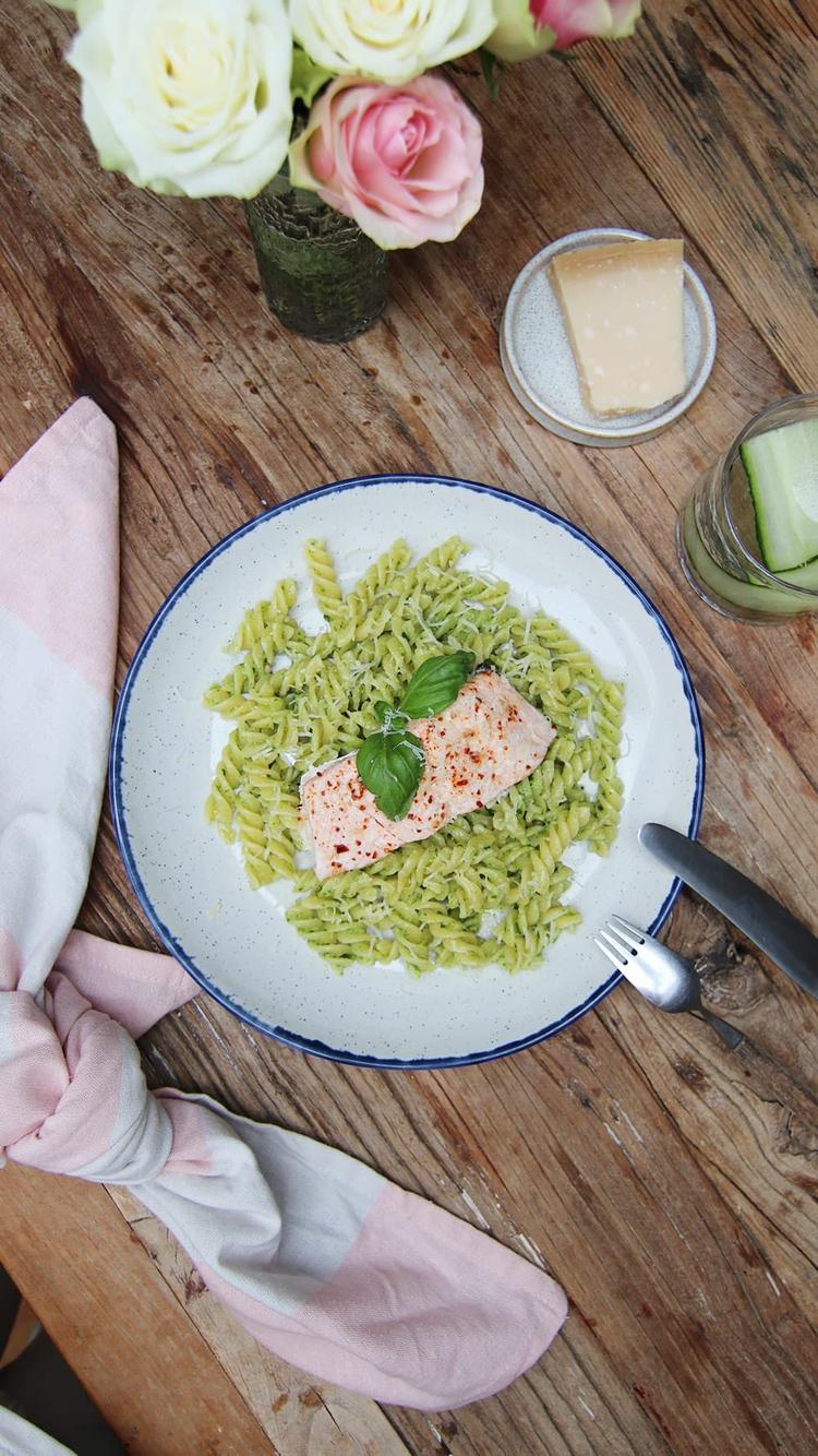 Homemade Pesto Pasta with Salmon