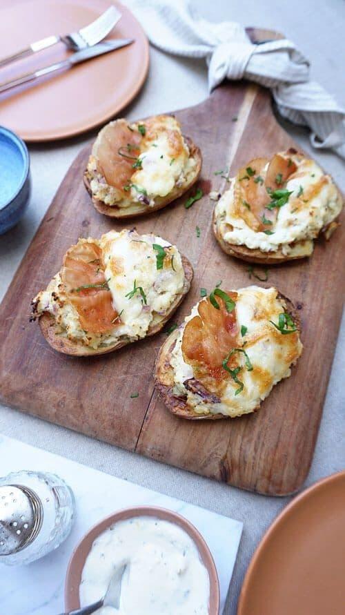 Baked Potato with Ricotta Filling and Crispy Ham