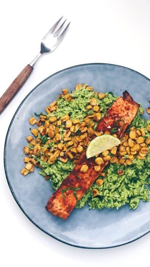 Spicy Salmon Fillet with Avocado Rice and Fried Corn!
