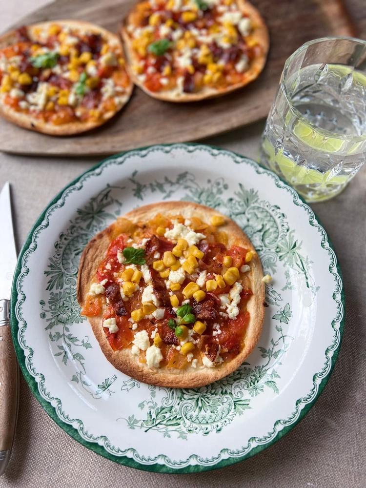 Tortilla Pizzas with Bacon and Feta Cheese