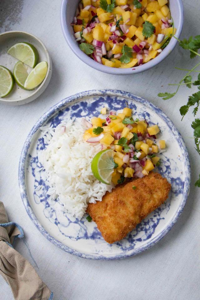 14/03 Panert fiskefilet med mangosalsa og ris