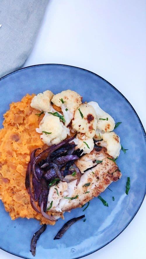 Cod Fillet with Vegetables and Mashed Sweet Potato