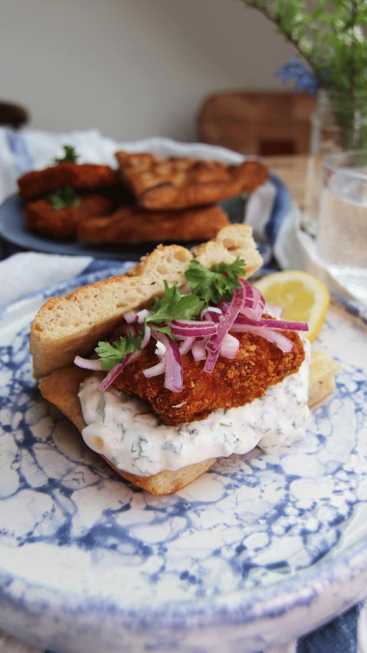 Focaccia Sandwich with Fish, Pickled Red Onion and Parsley Dressing