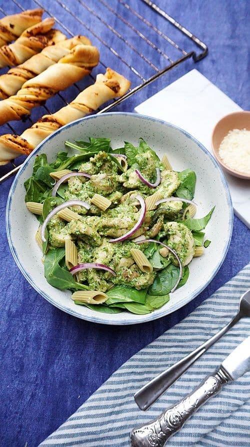 Chicken Salad with Pesto and Homemade Breadsticks