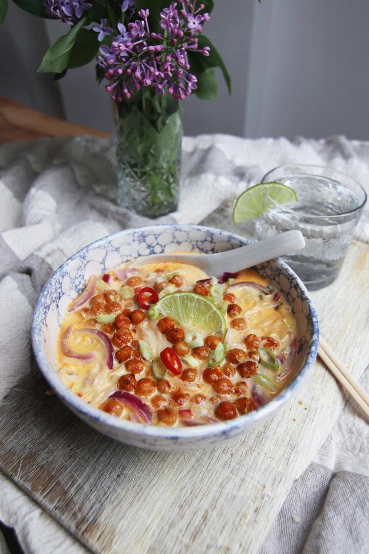 Creamy Noodle Soup with Crispy Chickpeas