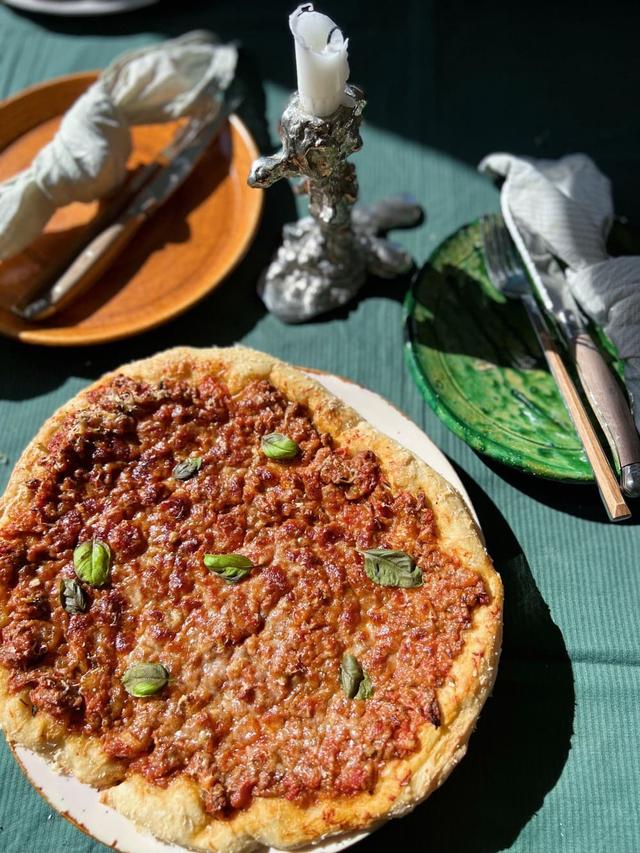 Pizza with Parmesan and Homemade Meat Sauce