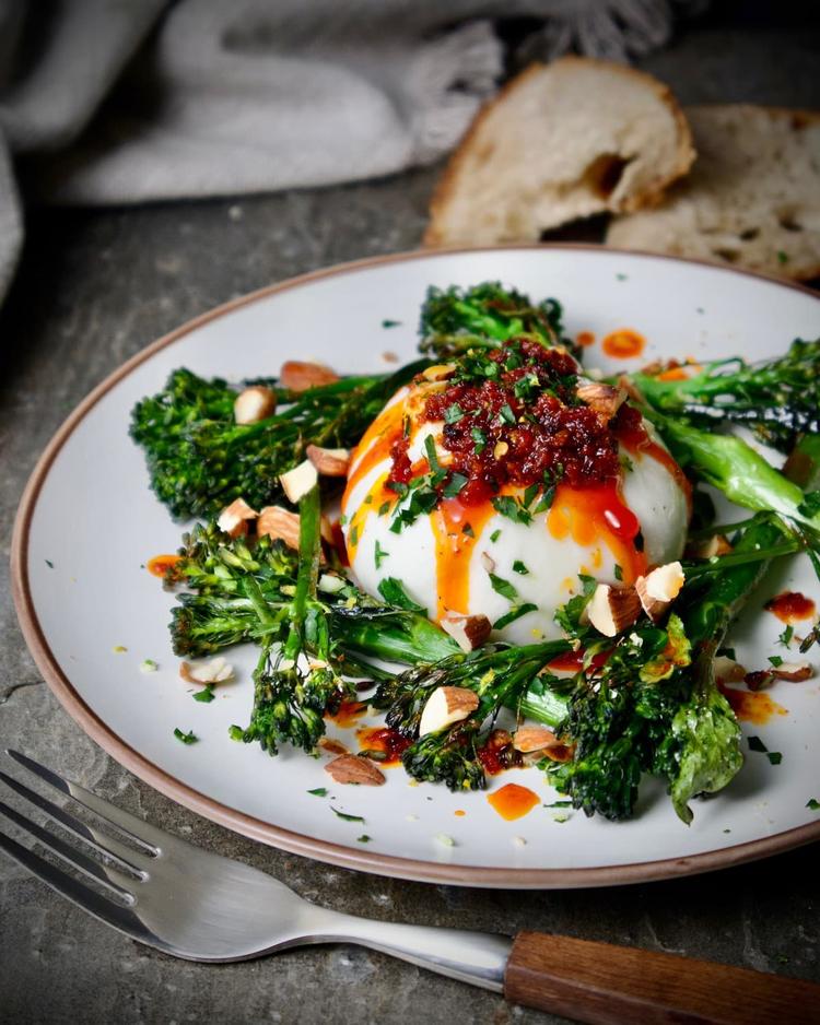 Burrata with 'Nduja, broccolini and almonds